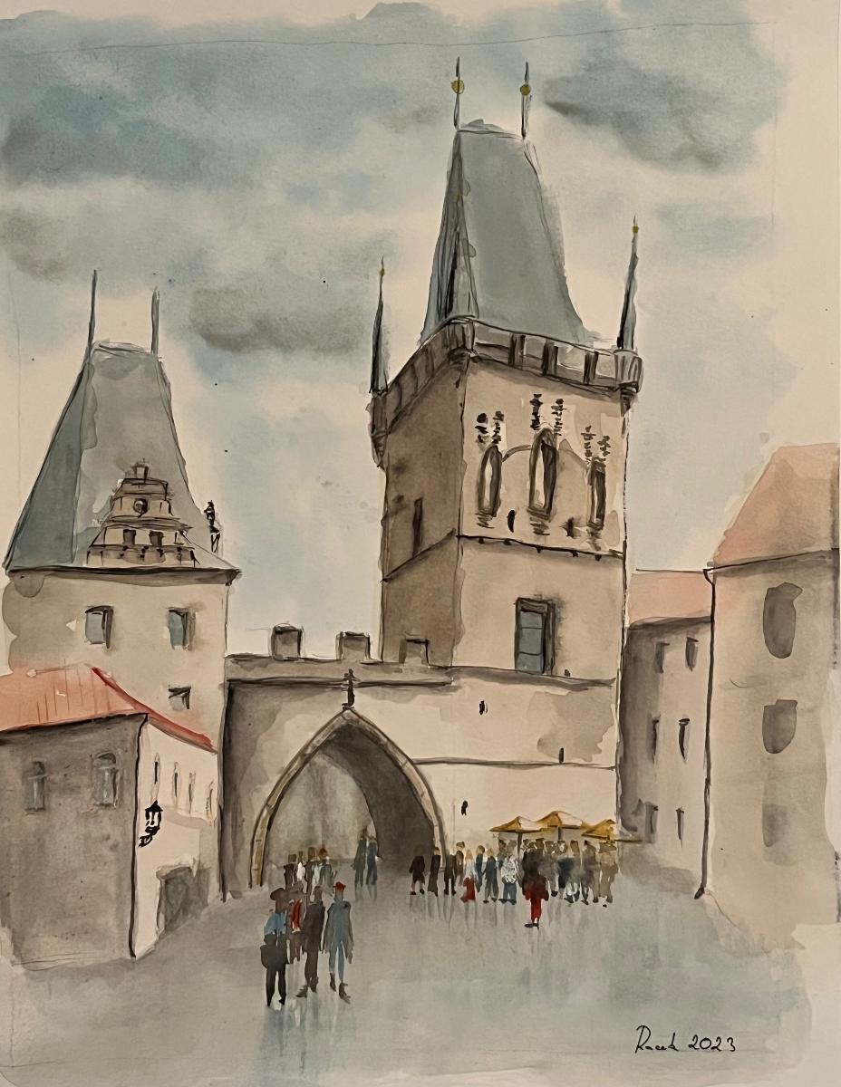 Akvarel - Malostranská mostecká veža - Umenie