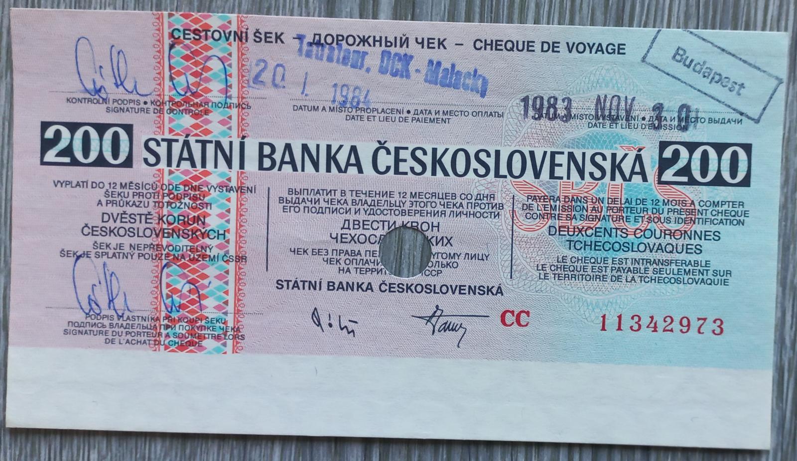 Cestovný šek - 200 korún československých - 1983 - Zberateľstvo