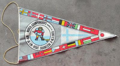 raritka stará hokejová vlaječka MS 1965 Finsko (velká ... cca 20cm)