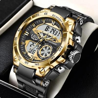 Zlaté digi+ručičkové hodinky LIGE MAN - vodotesné do 50m (v krabičke)