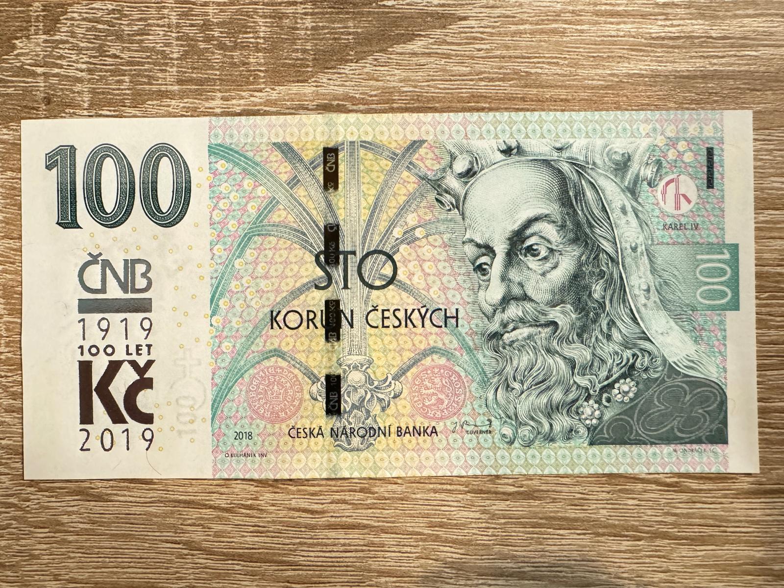 100Kč 2019 číslo "M 08 0051112" - prítlač ČNB 100 rokov - Bankovky