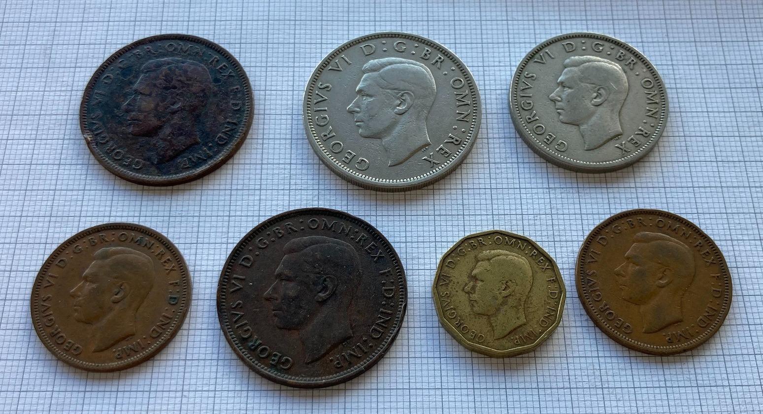 7 x mince Veľká Británia, Jiří VI, 1940 - 1948 - Numizmatika