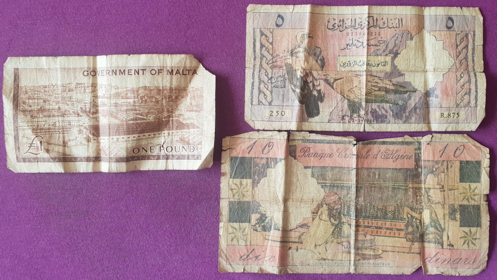 Konvolut bankoviek, ALŽÍRSKO, MALTA, 1949, 1964, 3 kusy - Zberateľstvo