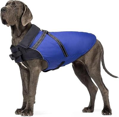 Teplá bunda pro psy, vodotěsná s postrojem, záda 62 cm, 3XL