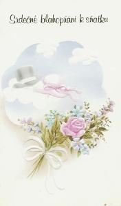 Blahopřání k sňatku - Klobouk v oblacích a růže(tlačené)