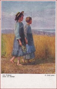 Děti * děvče, květiny, obilné pole, krajina, sign. Grill * M3516