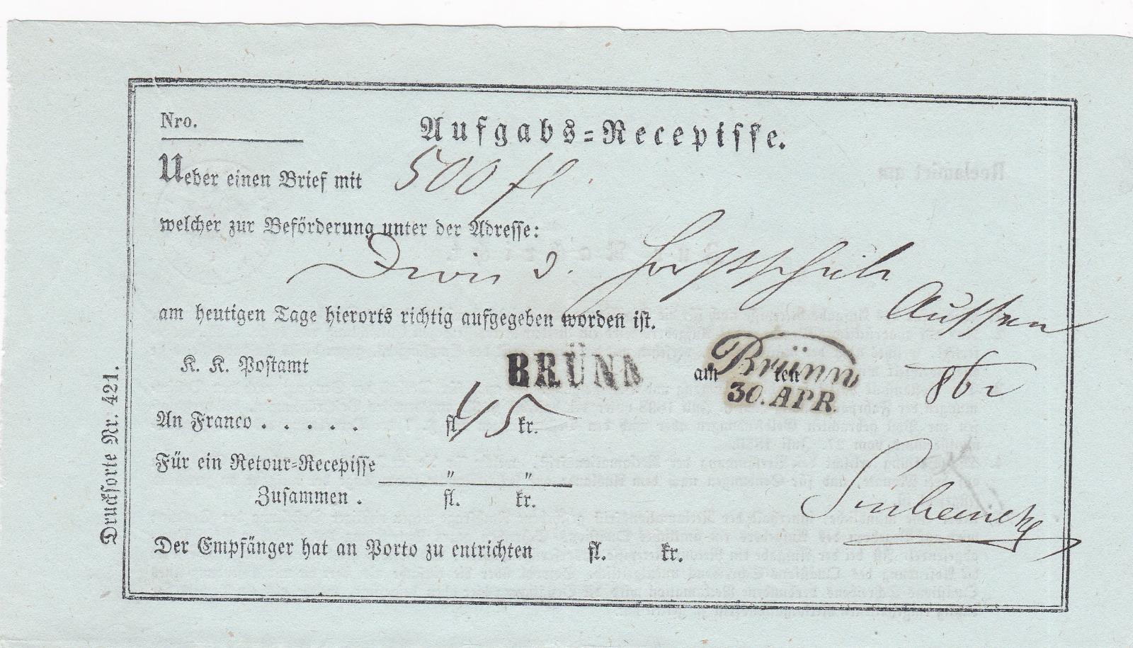 Rakúsko, podací lístok Brno 1862, 2 typy pečiatok. - Filatelia