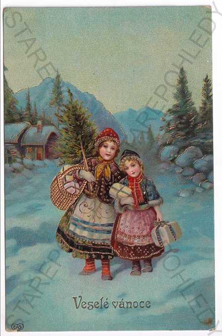 Vianoce - deti so stromčekom, litografia - Pohľadnice