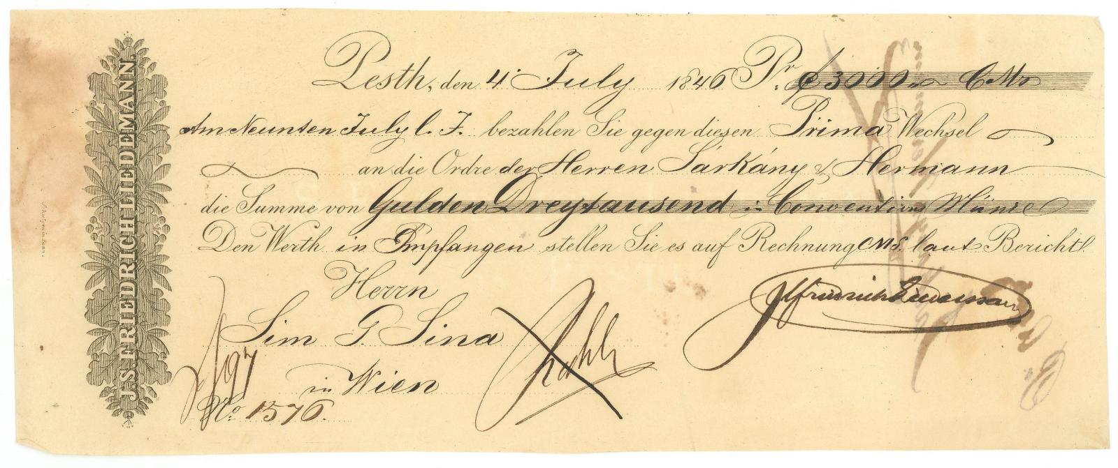 Maďarsko JS Friedrich Liedemann Pest Zmenka na 3000 zlatých 1846 - Starožitnosti a umenie