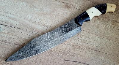 velký kuchyňský / lovecký Damaškový nůž 33,5 cm - velbloudí kost/pakka