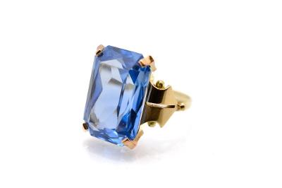 Starožitný zlatý prsten s modrým kamenem, topaz, vel. 57