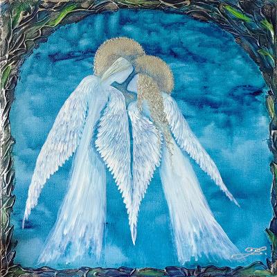 Andělé v modrém - 40x40cm - olej na plátně + struktura 