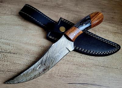 lovecký Damaškový nůž 29 cm s koženým pouzdrem - rose wood, pakka wood