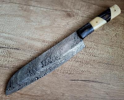 veľký kuchynský / poľovný Damaškový nôž 33,5 cm - ťavia kosť/pakka