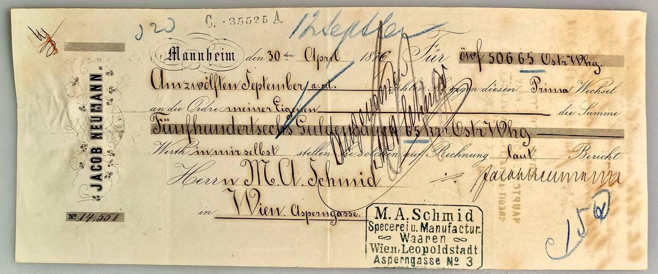 Nemecko Jacob Nuemann Mannheimská zmenka 1876 - Starožitnosti a umenie