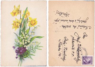 Blahopřejná pohlednice s kyticí - 1945