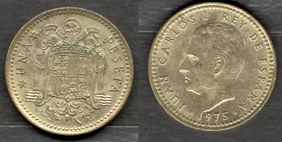1975 Španělsko 1 peseta z oběhu, král Juan Carlos, B2