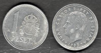 1985 Španělsko 1 peseta z oběhu, král Juan Carlos, B2
