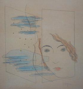 TOYEN - "Zrcadlení" - 23 cm x 17 cm - zlacený dřevěný rámeček, sklo