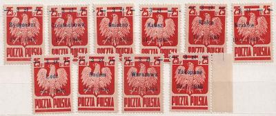 Polsko, 1945, 3Zl/25Gr Znak, 10 kusů známek s přetisky polských měst