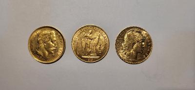 3 zlaté mince 20 franků Francie 1863, 1897, 1910
