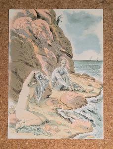 Cyril Bouda - Muž a svlékající se žena u moře - akt - litografie  