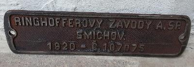 litá cedule štítek z vagónu ČSD RINGOFFEROVY ZÁVODY SMÍCHOV rok 1920