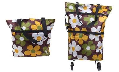 Nákupní taška s kolečky hnědá s květy
