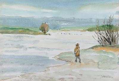 Jaroslav Holeček : Zimní procházka, akvarel