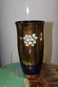 Kobaltová váza, vysoký smalt, borské sklo výška 23 cm průměr 11,5 cm