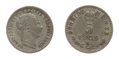 Rakousko - Uhersko, F.Josef I., 5 Krejcar, 1859, Ag mince, váha 1,33 g