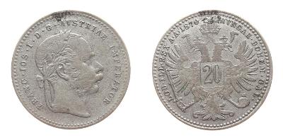 Rakousko - Uhersko, F.Josef I., 20 Krejcar, 1870, Ag mince, váha 2,667