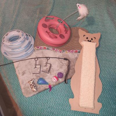 Lehátko na parapet, škrábadlo a hračky pro kočku