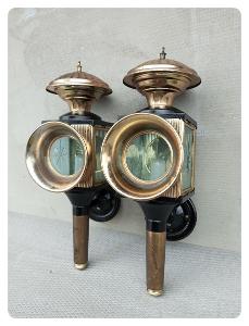 Staré mosazné zdobené párové kočárové lampy  