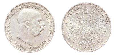 Rakousko - Uhersko, 2 Koruna, 1912, Ag mince, pěkný stav 1/1