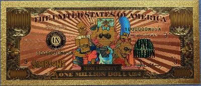 USA 1milion $ BANKOVKA The Simpsons ZLATÁ FOLIE, 24K, KRÁSNÁ
