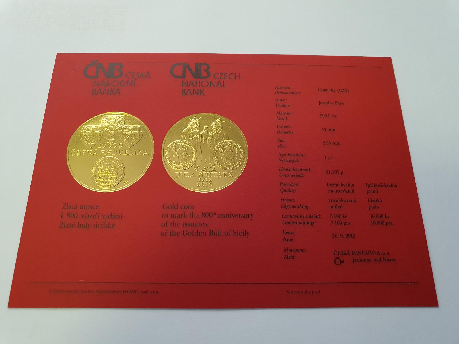 Certifikát (karta) k zlatej minci 10 000 Kč ZLATÁ BULA (bez mince) - Zberateľstvo