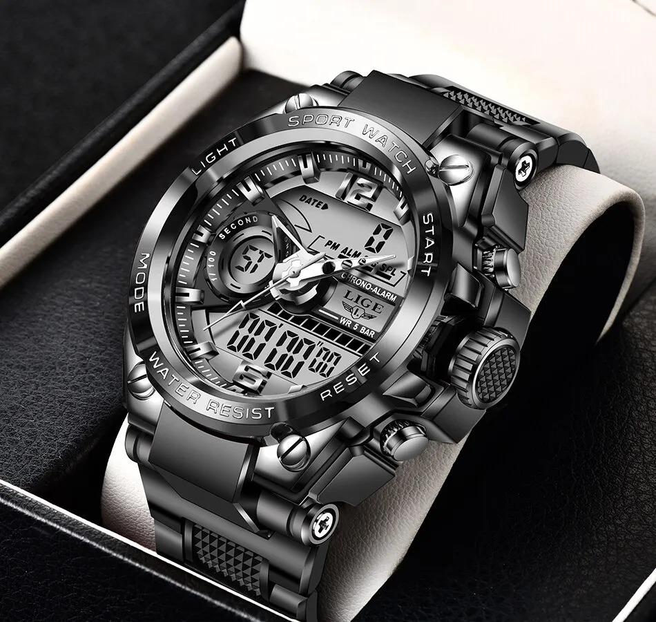 Digi+ručičkové hodinky LIGE MAN Black (darčeková sada) - 50M vodotesné - Šperky a hodinky