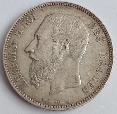 Stříbrná mince 5 Frank 1875 Leopold II. Belgie