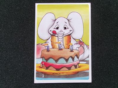 Umělecká pohlednice Slovensko  malíř Pupala slon a dort 