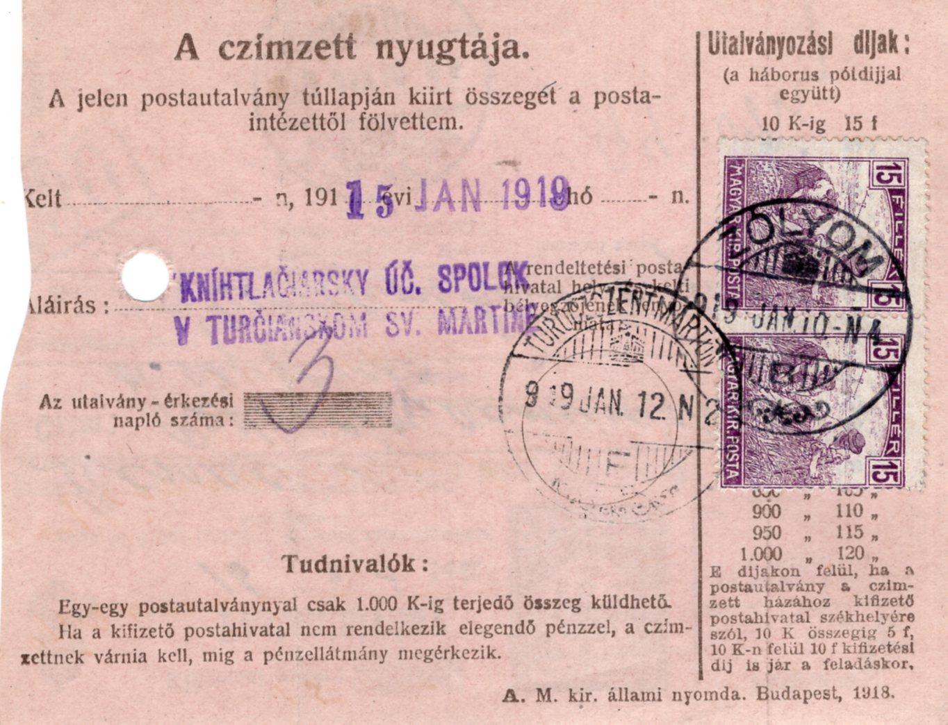 Sprievodka uhorská, predbežná, Slovensko, Zvolen 10.1.1919 - Martin. - Filatelia