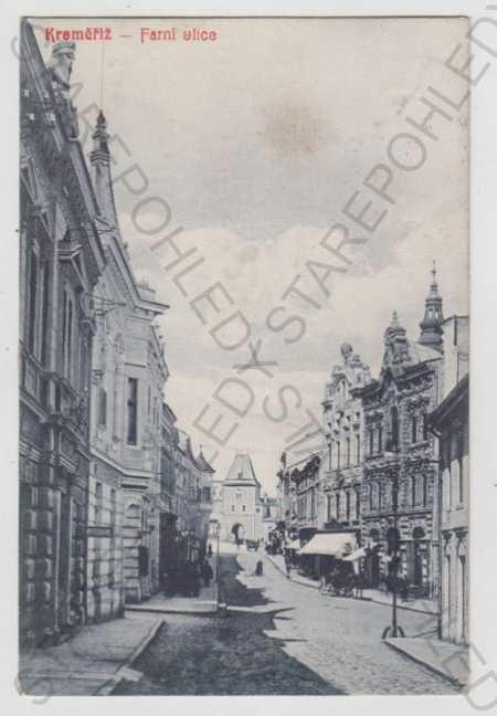 Kroměříž, pohľad ulicou, Farská ulica, kôň, kočiar - Pohľadnice miestopis