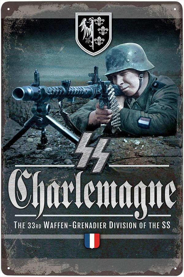 plechová ceduľa: 33. Waffen-Grenadier Division der SS „Charlemagne“ - Vojenské zberateľské predmety