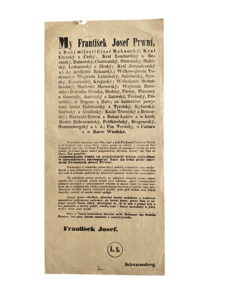Oznámenie o nástupe Františka Jozefa na trón, 2.decembra, 1848 - Zberateľstvo