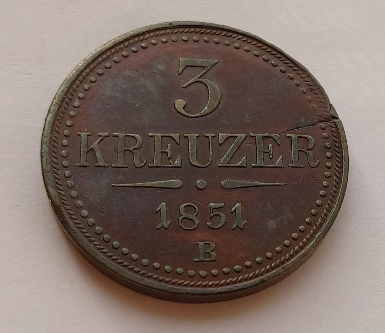 Chyboražba - 3 Kreuzer 1851 B. Prasknutý strižok - (č.296) - Numizmatika
