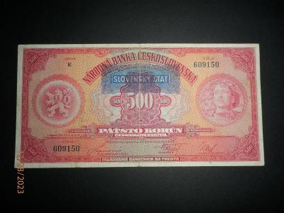 bankovka: 500 Ks, NEPERFOROVANÁ !!!,pretisk "Slovenský štát",VZÁCNA!!!