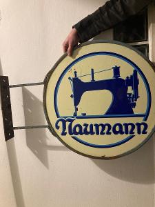 Raritný smaltovaný vývesný štít - obojstranný - šijacie stroje Naumann