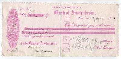 New Zealand Bank of Australasia Christchurch Směnka 26-14-1 liber 1908