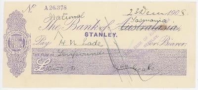 Austrálie The Bank of Tasmania Ltd Stanley Check 1908