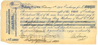Indonésie Subang Bay Harbour & Coal Co Směnka na £854.17.3, 1918